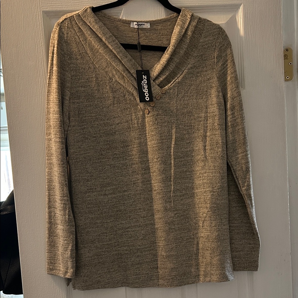 zeagoo Taupe Marled Cowl Button-Neck Sweater
